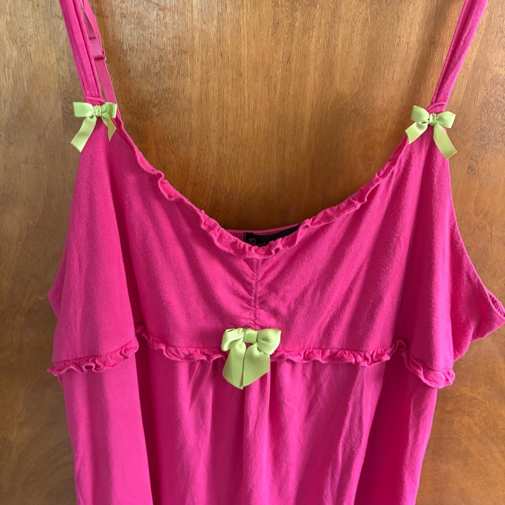 Betsey Johnson Betseyville Barbie Pink Babydoll Slip Dress Green Bow XL Y2K Goth - Picture 8 of 14